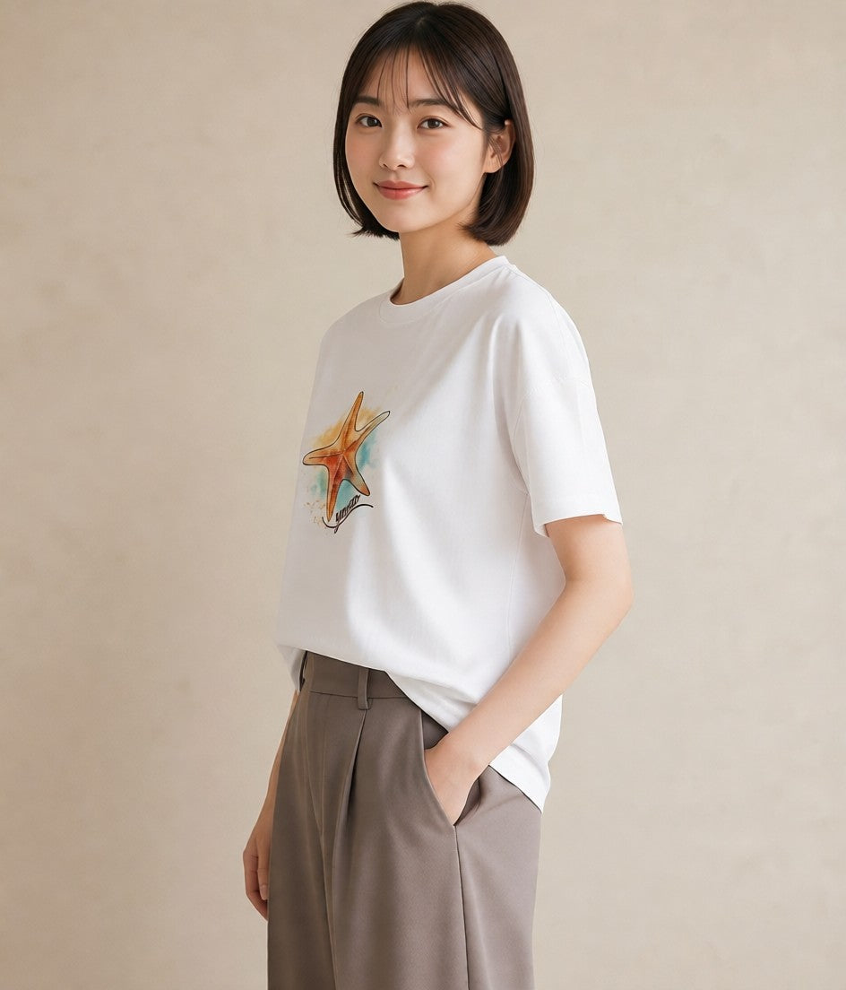 半袖Tシャツ レディース スター 星空 宇宙 イラスト ゆるかわ ラフ レイヤード 白T YMAZO