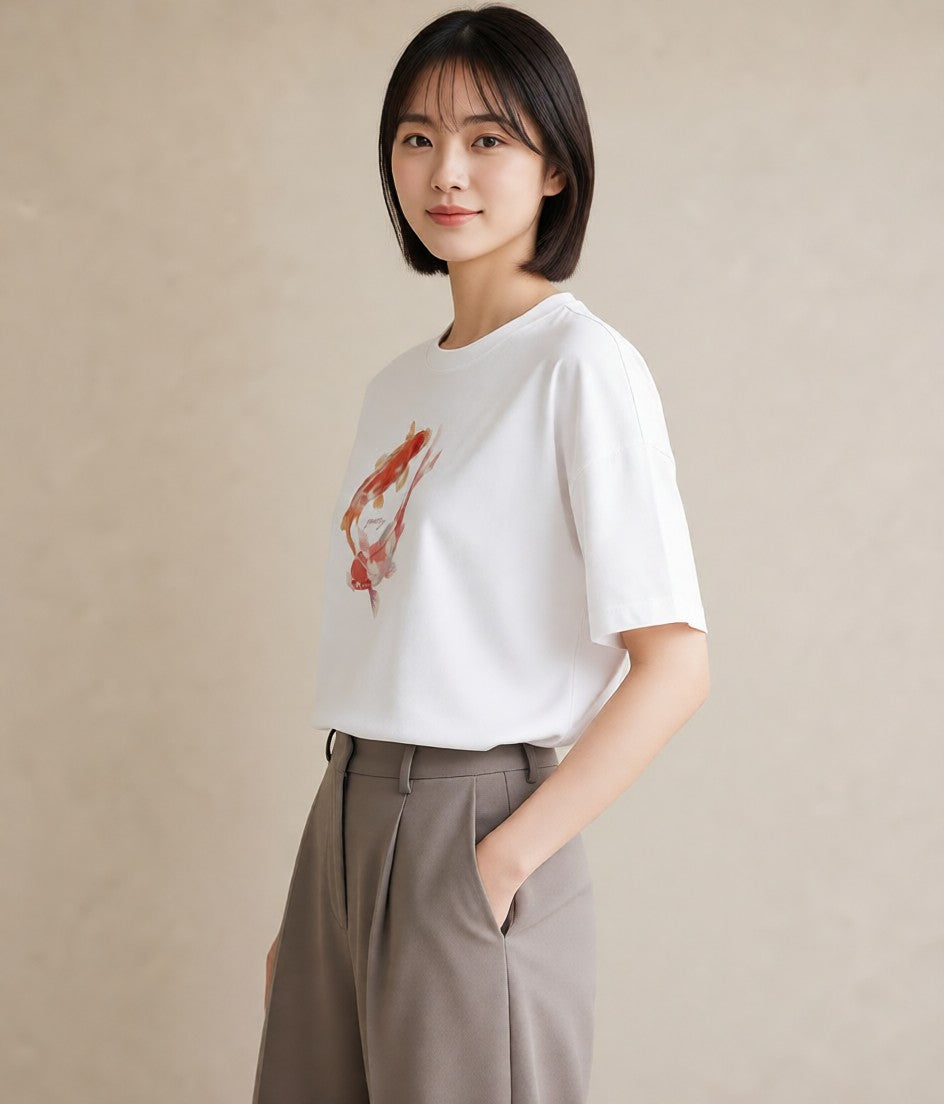 プリントTシャツ レディース 出目金 ペット 動物 イラスト フェミニン 綿100 デート 白T YMAZO