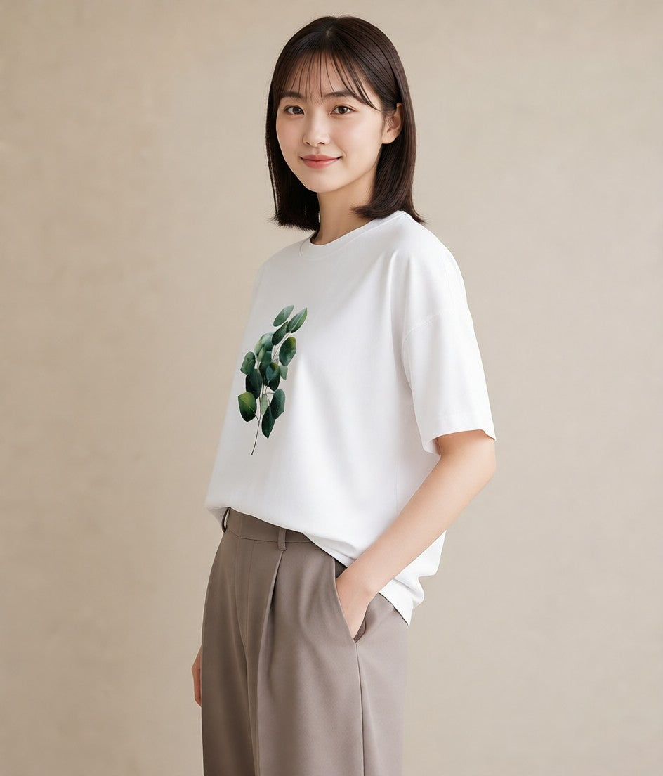 プリントTシャツ レディース ユーカリ 植物 ボタニカル イラスト ゆるかわ ビーチ デイリーウェア 白T YMAZO