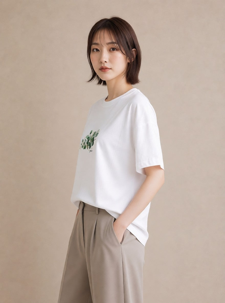 半袖Tシャツ レディース 葉っぱ 植物 ボタニカル イラスト 個性的 旅行 母娘コーデ 白T YMAZO