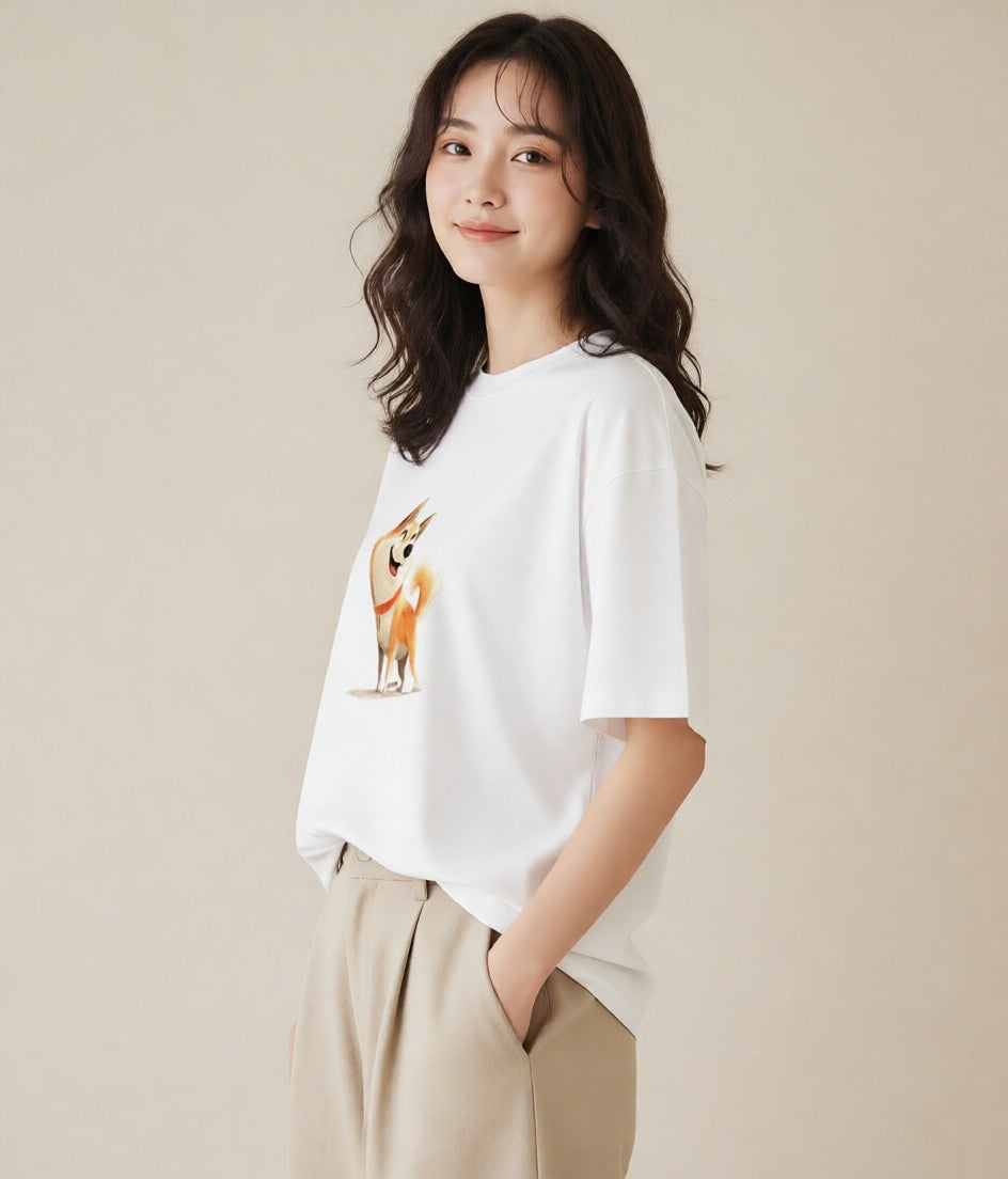Tシャツ レディース 柴犬 しばいぬ 犬 いぬ イラスト 旅行コーデ 通勤 在宅 白T YMAZO