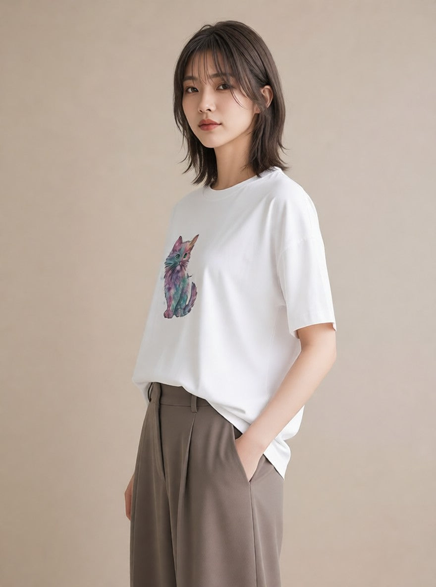 デザインTシャツ レディース ソマリ 猫 ねこ イラスト 休日コーデ 自分用 ルームウェア 白T YMAZO