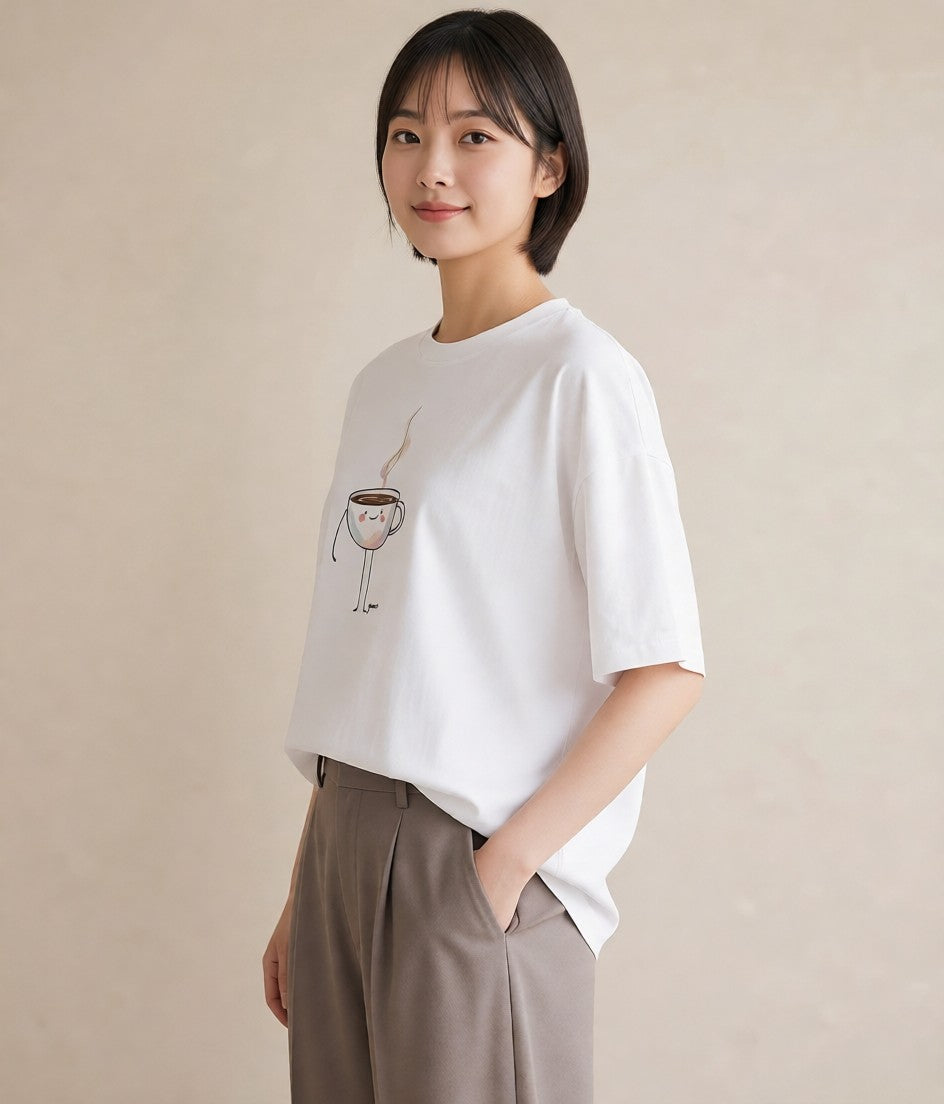 プリントTシャツ レディース コーヒー カフェ 珈琲 イラスト ガーリー 休日 ペアコーデ 白T YMAZO