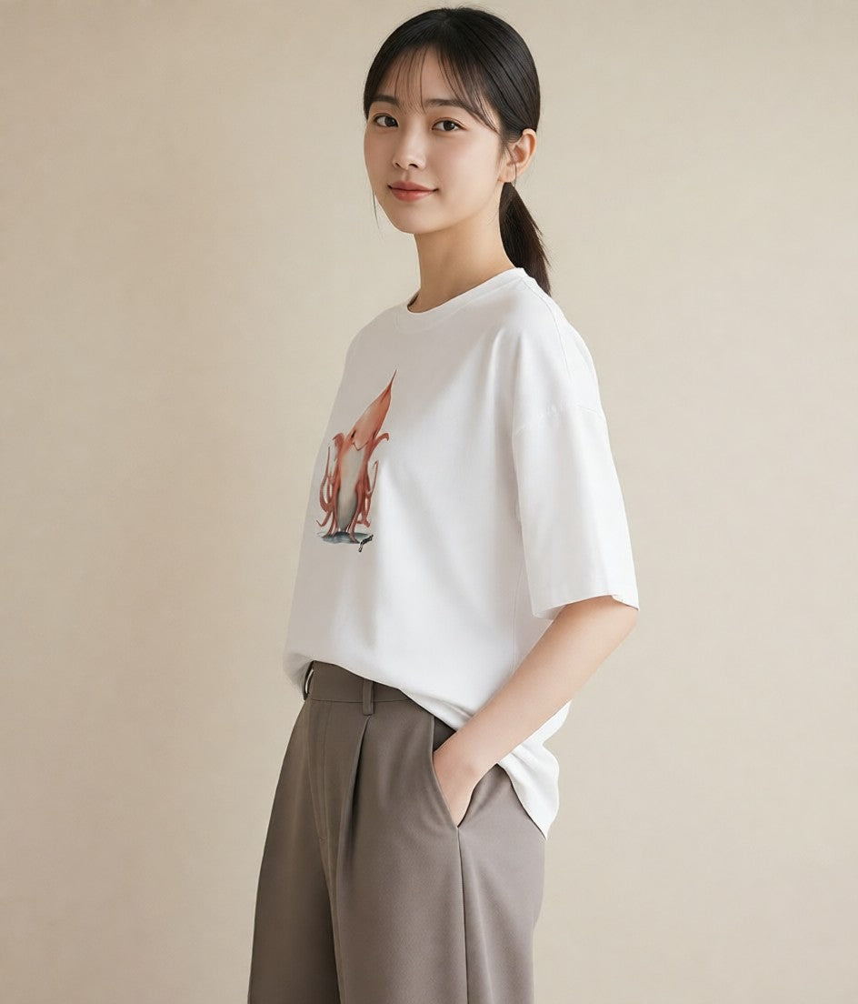 半袖Tシャツ レディース タコ 海の生き物 海 イラスト 可愛い 通勤 在宅 白T YMAZO