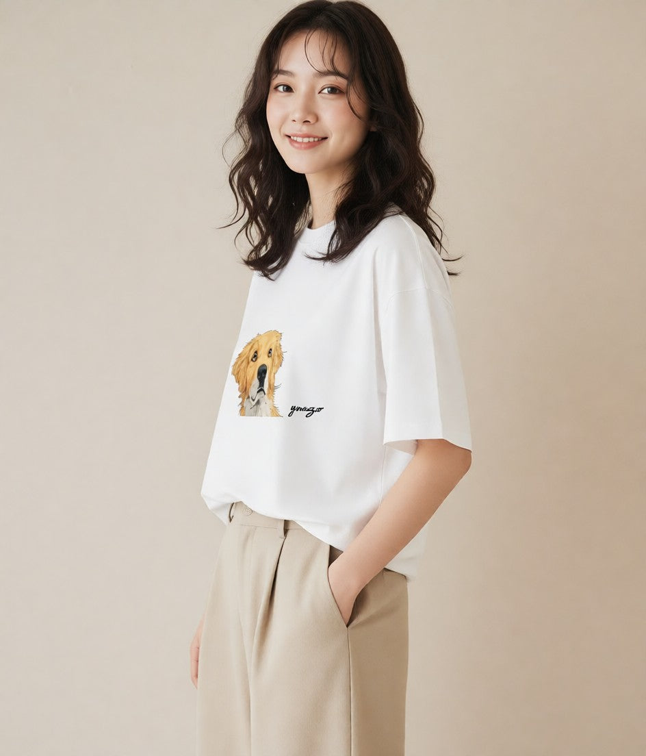 半袖Tシャツ レディース ゴールデンレトリバー ゴールデン 犬 いぬ イラスト レトロ 綿100 デート 白T YMAZO