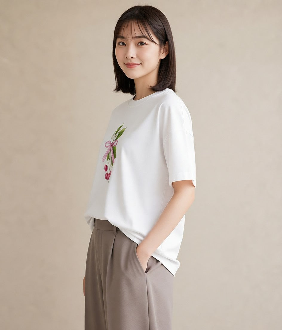 デザインTシャツ レディース さくらんぼ チェリー 食べ物 フード イラスト レトロ 自分用 ルームウェア 白T YMAZO