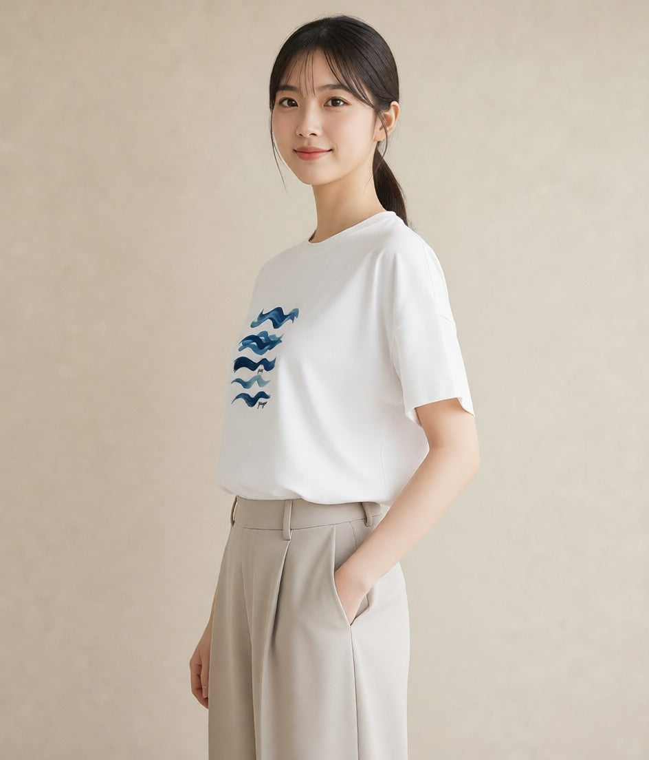 プリントTシャツ レディース 波 星空 宇宙 イラスト 水彩風 カジュアルコーデ 買い物 白T YMAZO