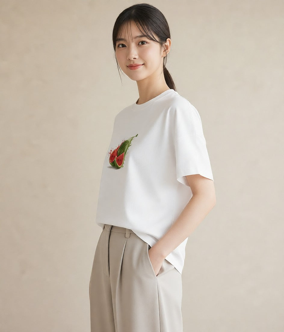プリントTシャツ レディース すいか 食べ物 フード イラスト 韓国風 母娘コーデ 自分用 白T YMAZO