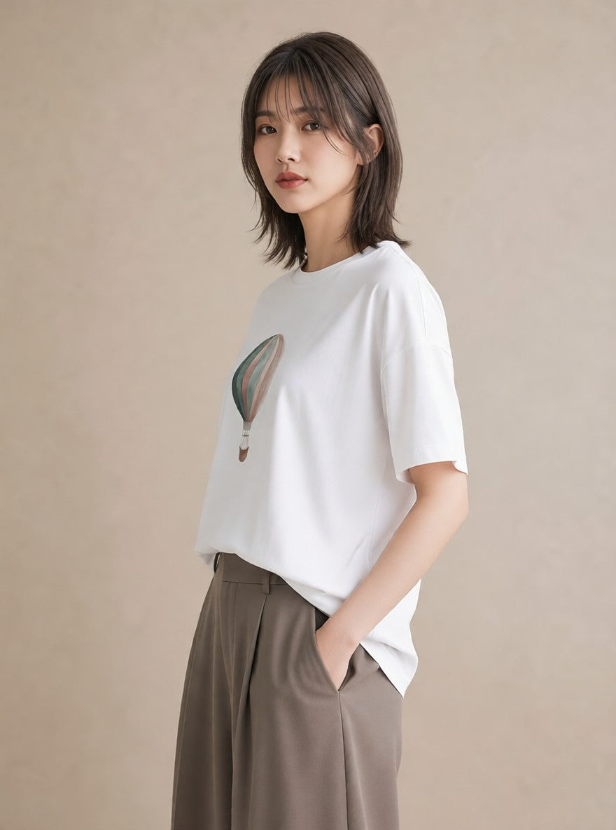 Tシャツ レディース 気球 星空 宇宙 イラスト ミニマル カフェ服 クリスマス 白T YMAZO