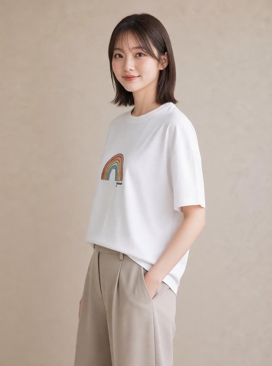 半袖Tシャツ レディース 虹 星空 宇宙 イラスト 手描き風 友達ギフト 部屋着 白T YMAZO