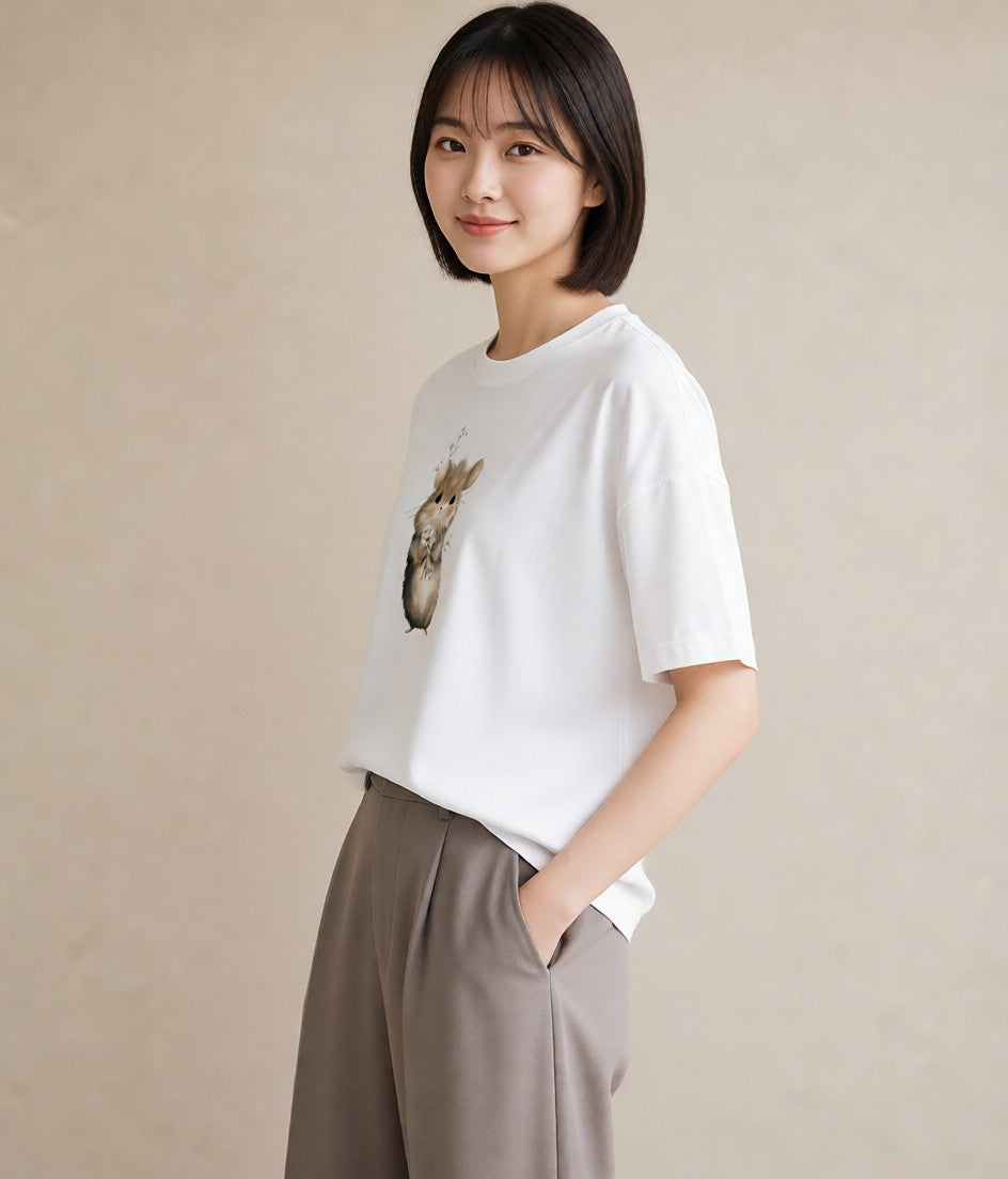 デザインTシャツ レディース ジャンガリアンハムスター ペット 動物 イラスト シック 海 カフェ巡り 白T YMAZO