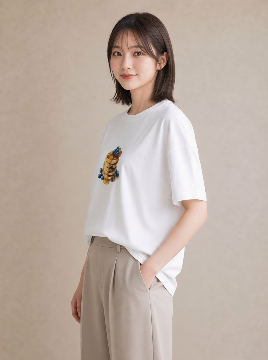 Tシャツ レディース どら焼き 食べ物 フード イラスト フェミニン 社会人 女性 白T YMAZO