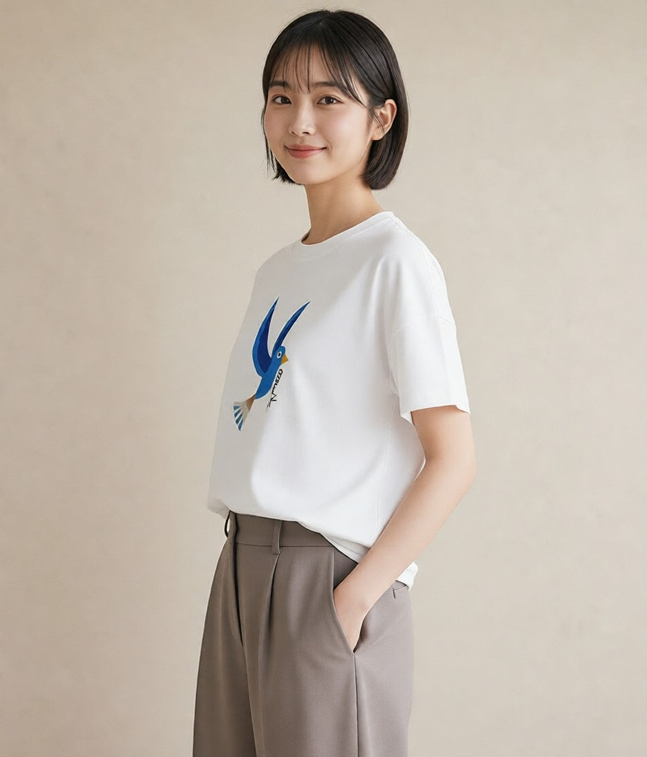 プリントTシャツ レディース 九官鳥 ペット 動物 イラスト 旅行コーデ お出かけ 普段着 白T YMAZO