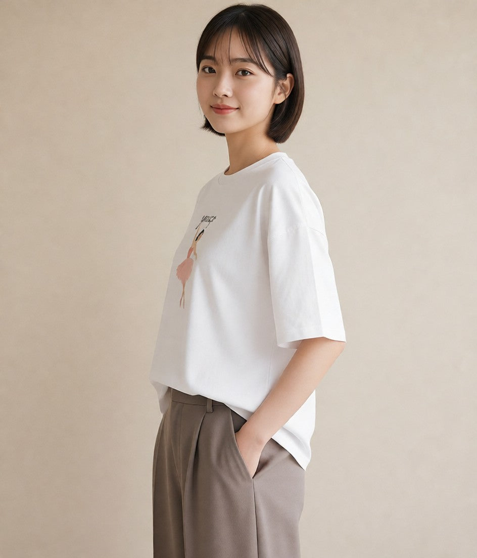 グラフィックTシャツ レディース バレエシューズ バレエ トウシューズ ナチュラル アンティーク イラスト 普段使い 部屋着 女性向けギフト 白T YMAZO