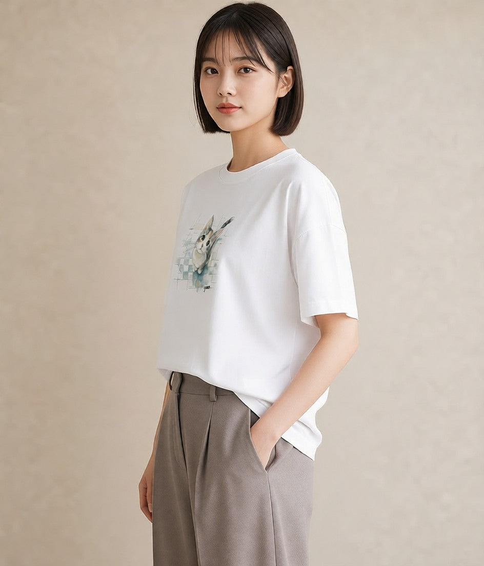 半袖Tシャツ レディース サバトラ 猫 ねこ イラスト ナチュラル ギフト 母の日 白T YMAZO