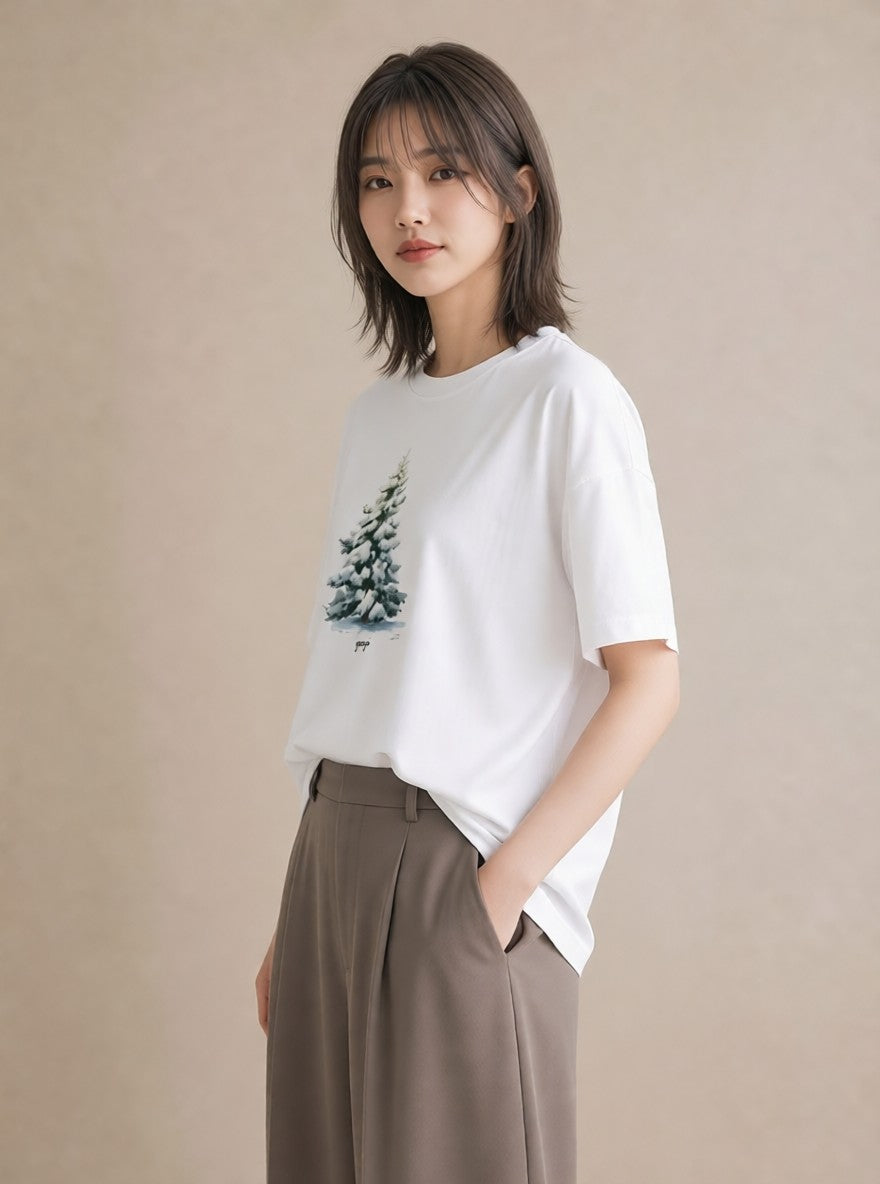Tシャツ レディース 雪 星空 宇宙 イラスト 個性的 デイリーウェア 休日 白T YMAZO