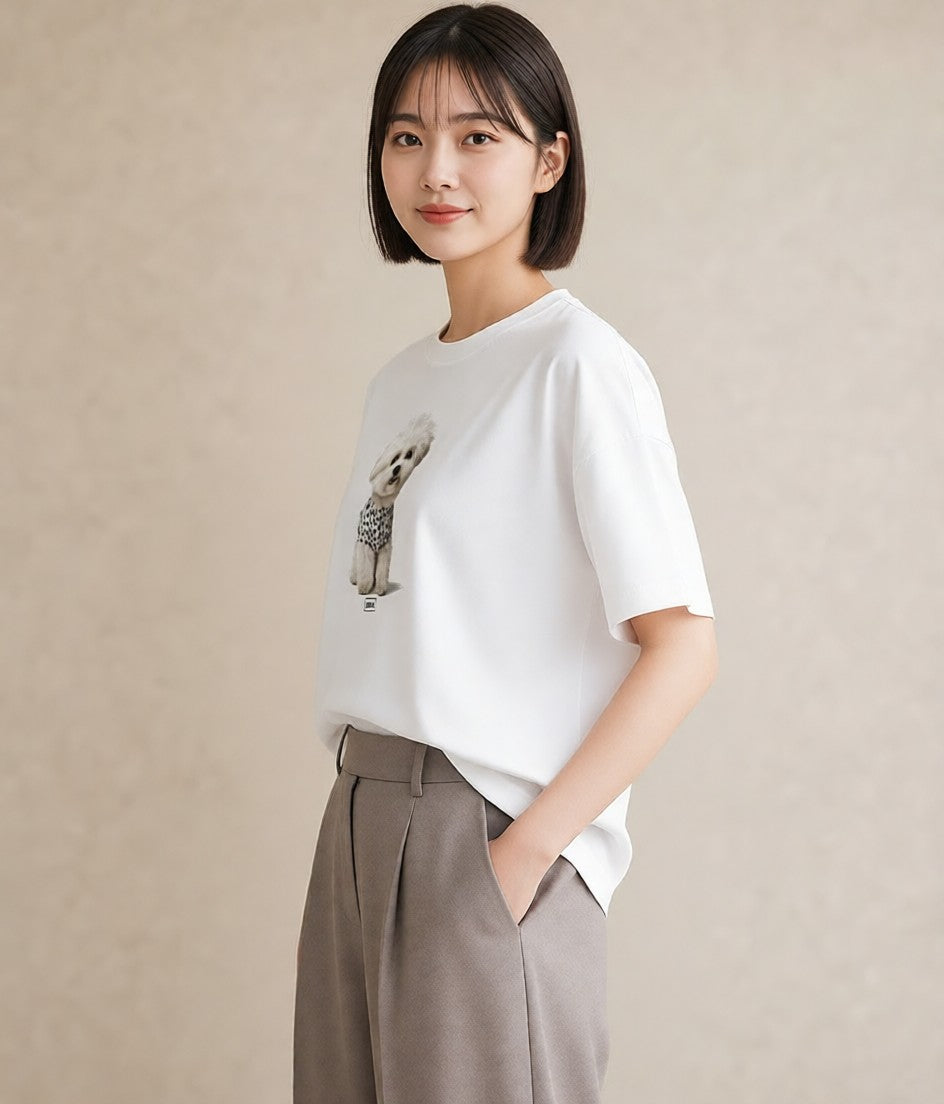 デザインTシャツ レディース ビションフリーゼ 犬 いぬ イラスト レトロ 母娘コーデ 自分用 白T YMAZO