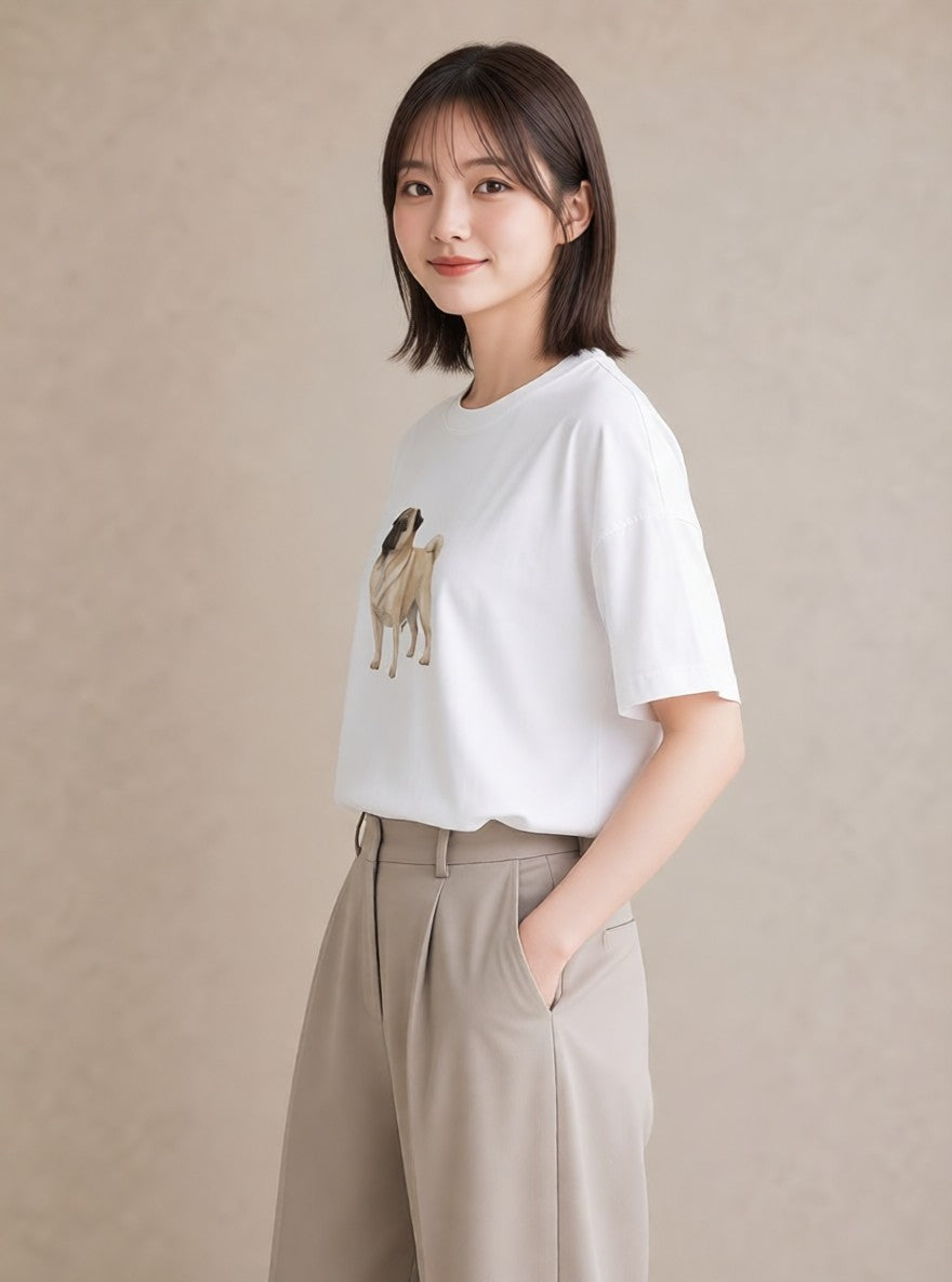 グラフィックTシャツ レディース パグ 犬 いぬ イラスト 旅行コーデ 春服 ミセス 白T YMAZO