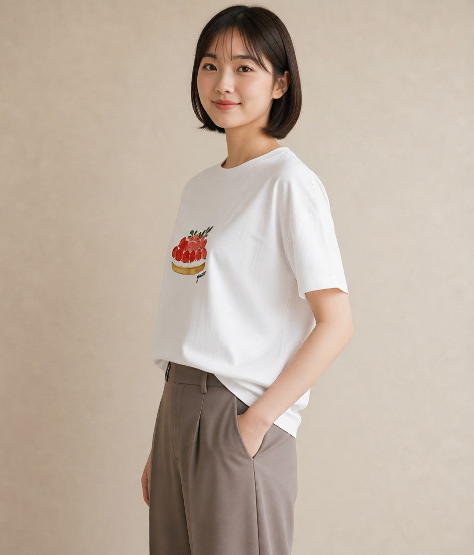 グラフィックTシャツ レディース プリン 食べ物 フード イラスト シンプル 誕生日プレゼント 綿100 白T YMAZO