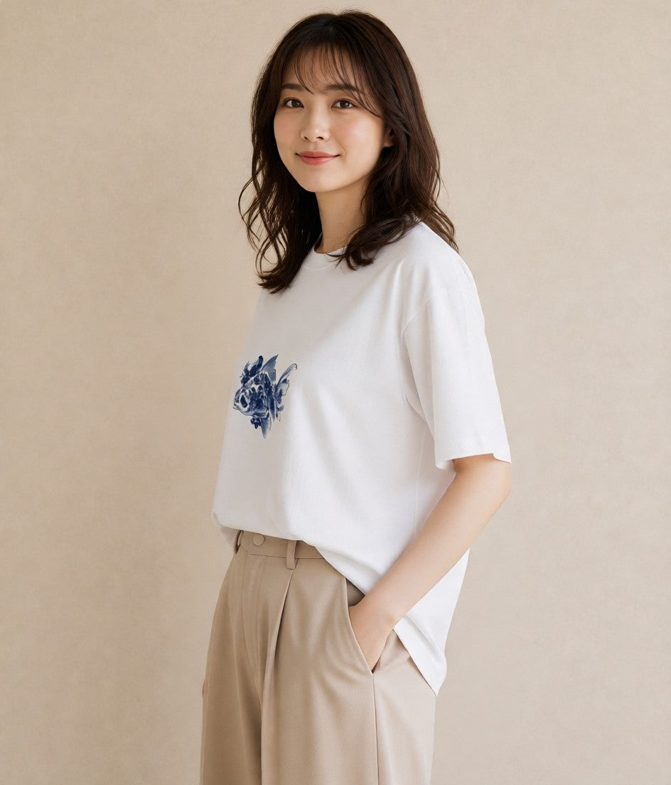 半袖Tシャツ レディース グッピー ペット 動物 イラスト 手描き風 買い物 夏コーデ 白T YMAZO
