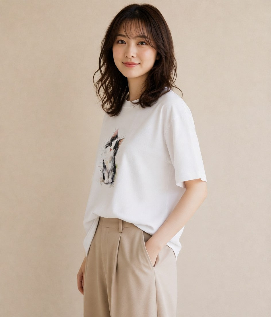 デザインTシャツ レディース アメリカンショートヘア 猫 ねこ イラスト ラフ 友達ギフト 部屋着 白T YMAZO