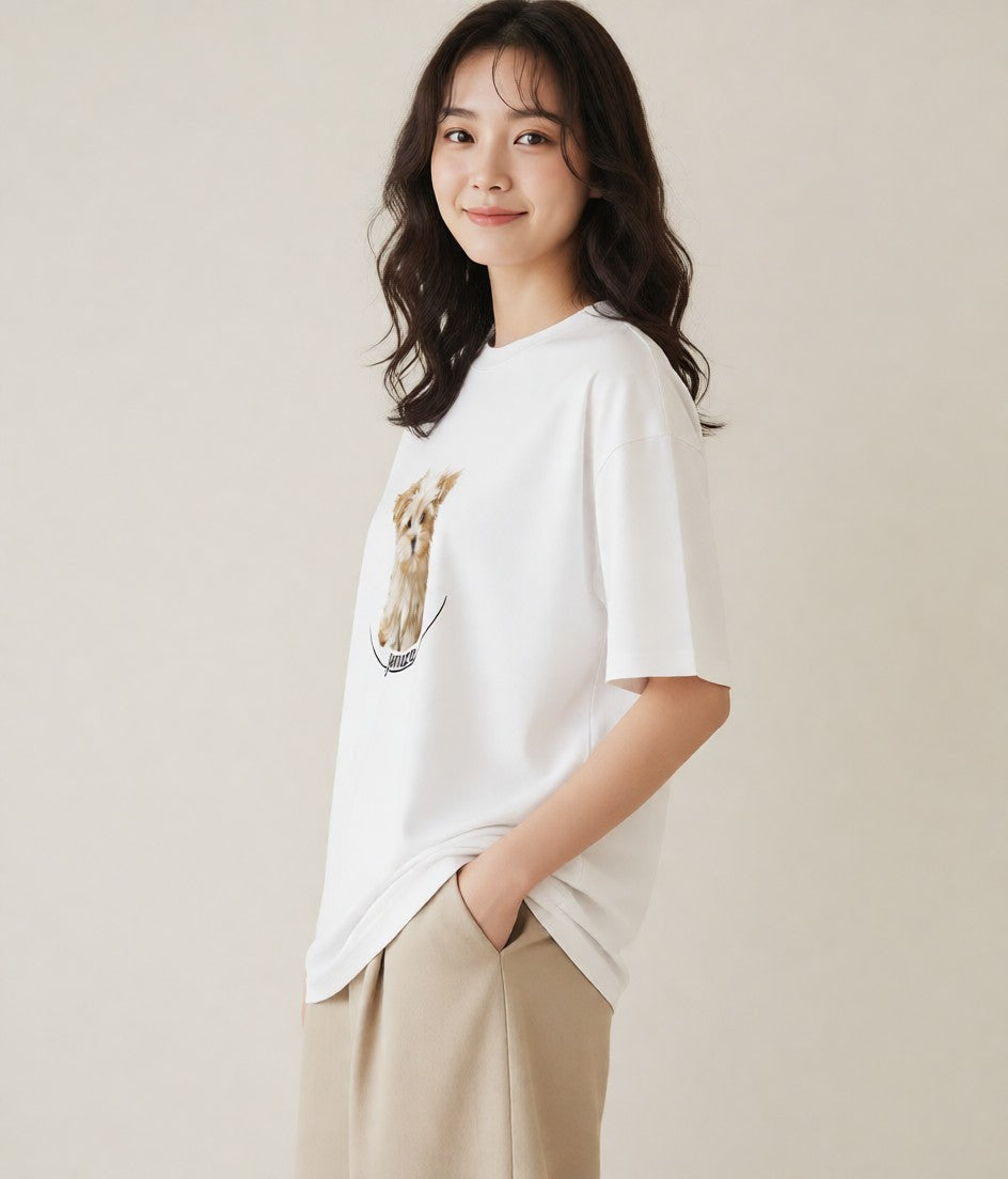 Tシャツ レディース わんこ 犬 いぬ イラスト 北欧風 ペアコーデ 秋コーデ 白T YMAZO