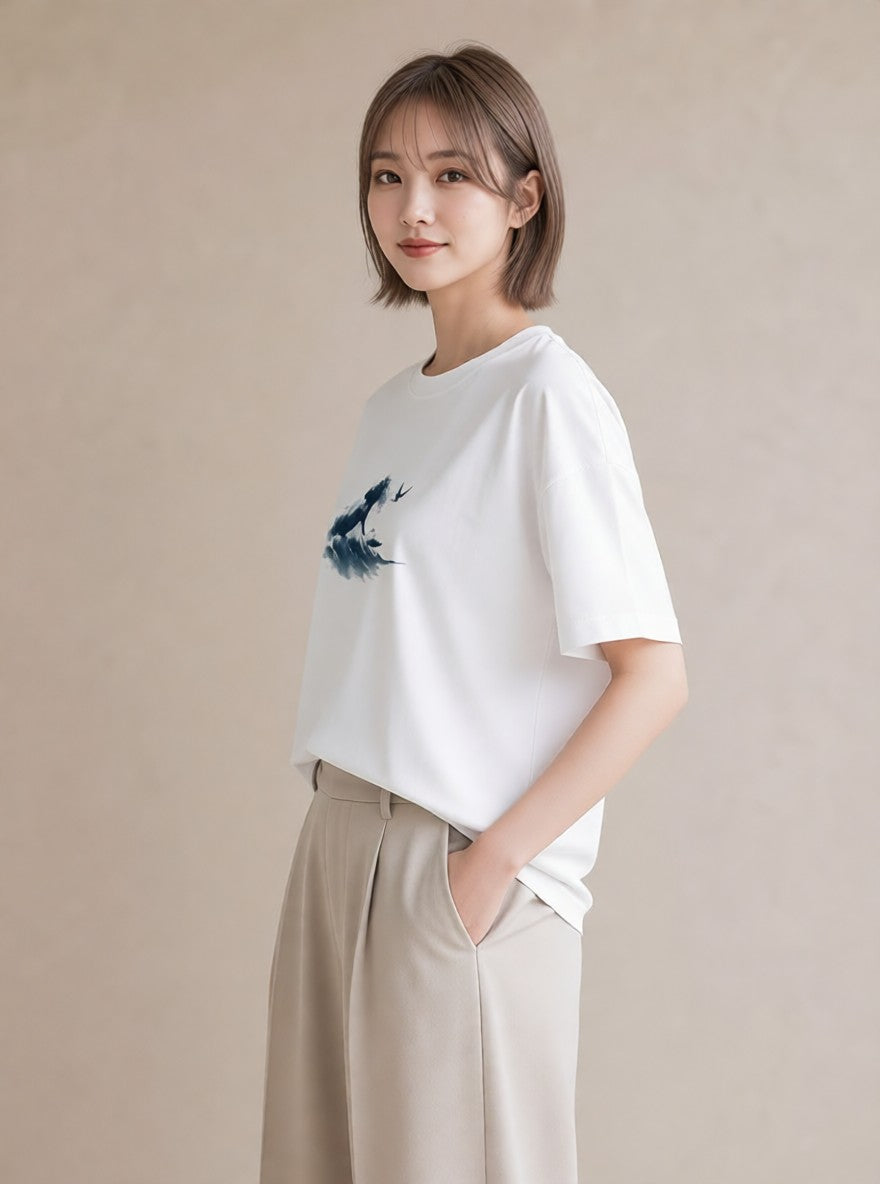 デザインTシャツ レディース 波 星空 宇宙 イラスト ヴィンテージ風 ギフト 母の日 白T YMAZO