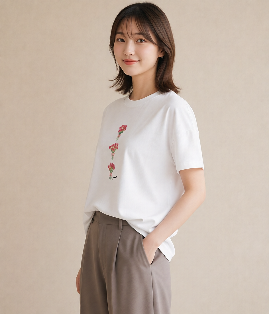 プリントTシャツ レディース カーネーション 花 花柄 イラスト カジュアル 在宅 公園 白T YMAZO