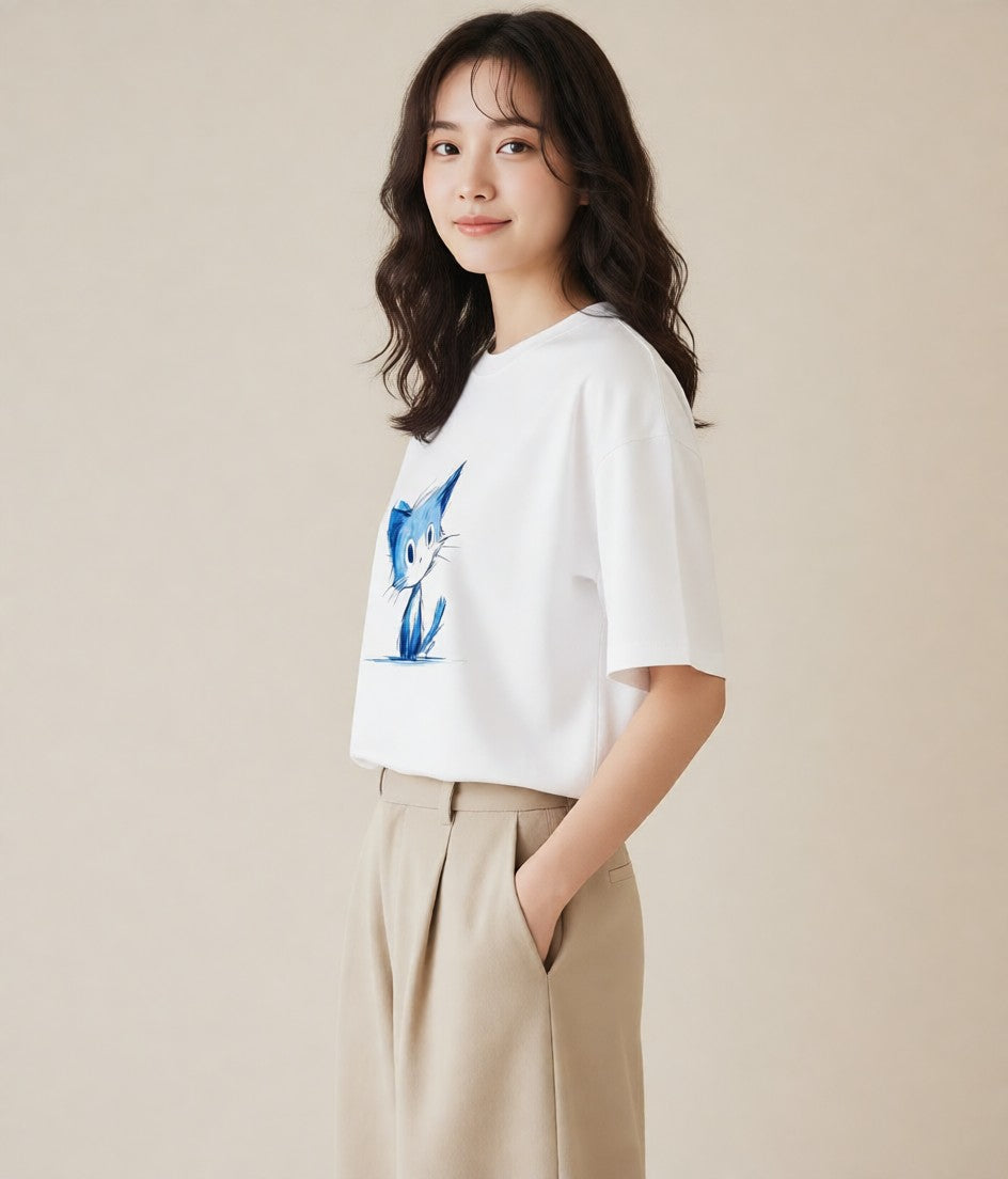 グラフィックTシャツ レディース ロシアンブルー 猫 ねこ イラスト ナチュラル ビーチ デイリーウェア 白T YMAZO