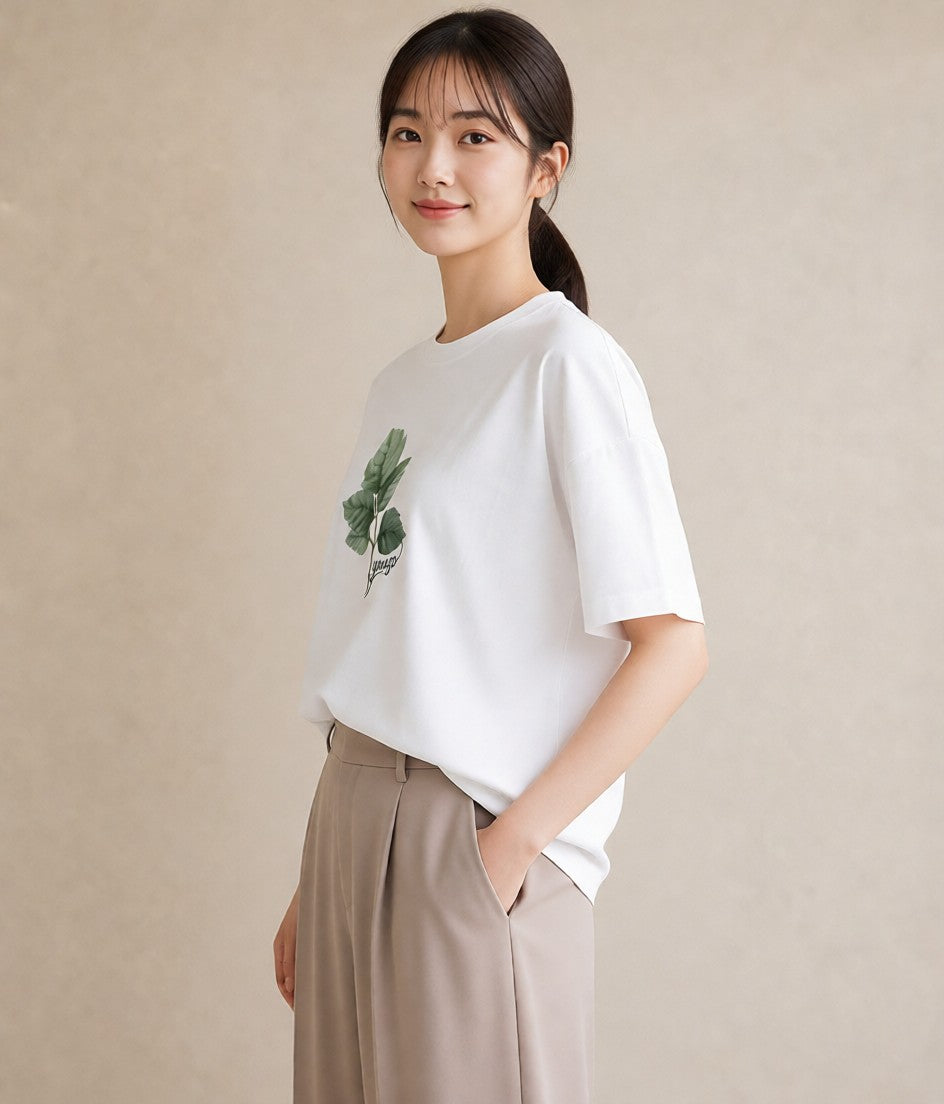 デザインTシャツ レディース 新緑 植物 ボタニカル イラスト ポップ 母娘コーデ 自分用 白T YMAZO