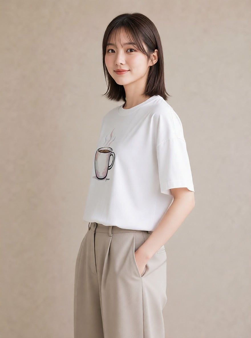 プリントTシャツ レディース コーヒー カフェ 珈琲 イラスト こなれ感 ペアコーデ 秋コーデ 白T YMAZO