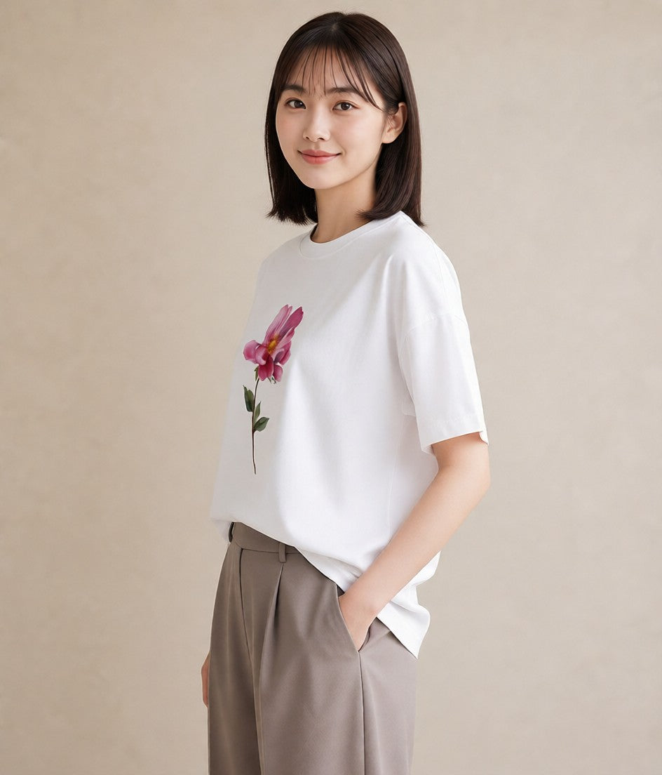グラフィックTシャツ レディース コスモス 秋桜 花 花柄 イラスト ガーリー 社会人 女性 白T YMAZO