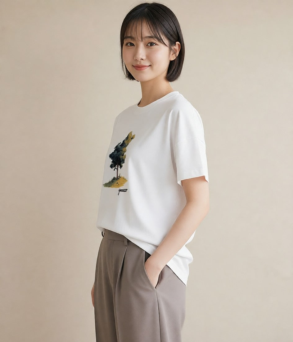 プリントTシャツ レディース 青の水彩 風景 ブルー ナチュラル アンティーク イラスト 淡色 送別ギフト 通勤 白T YMAZO