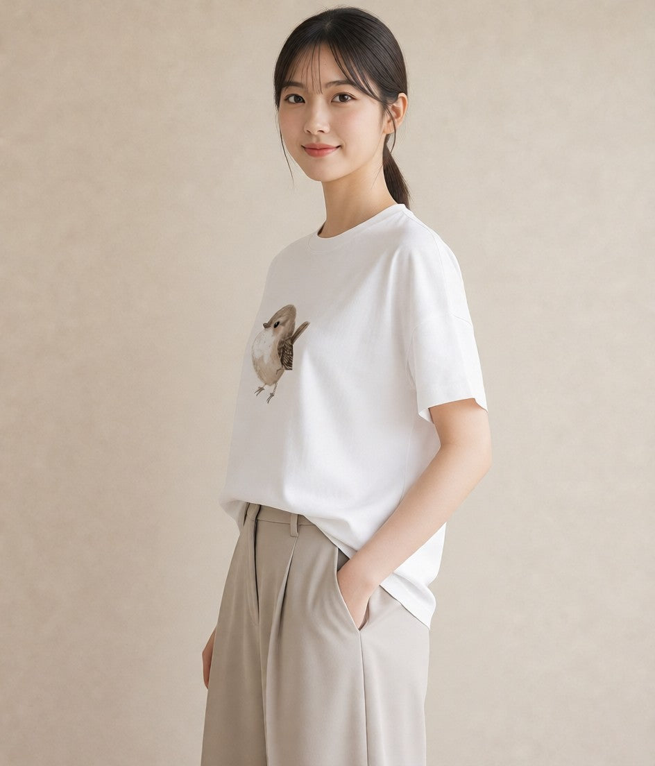 デザインTシャツ レディース 九官鳥 ペット 動物 イラスト 上品 春服 ミセス 白T YMAZO