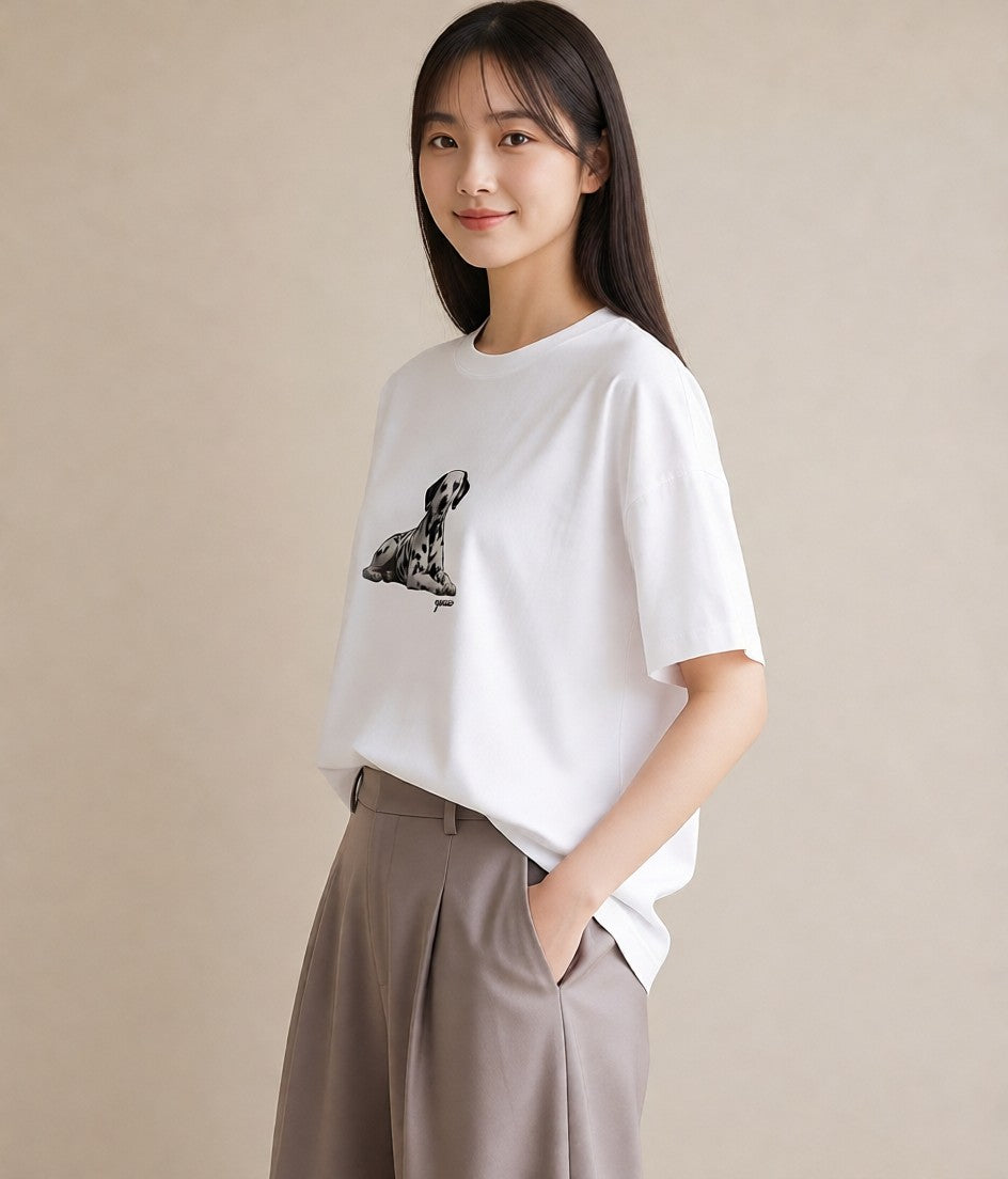 Tシャツ レディース ダルメシアン 犬 いぬ イラスト ナチュラル 社会人 女性 白T YMAZO