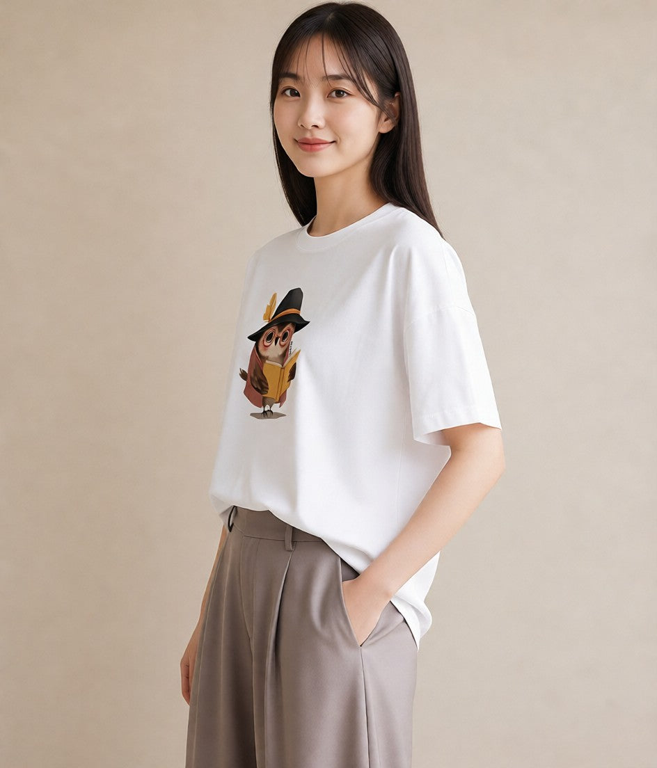 半袖Tシャツ レディース フクロウ 動物 アニマル イラスト 手描き風 クリスマス 旅行 白T YMAZO