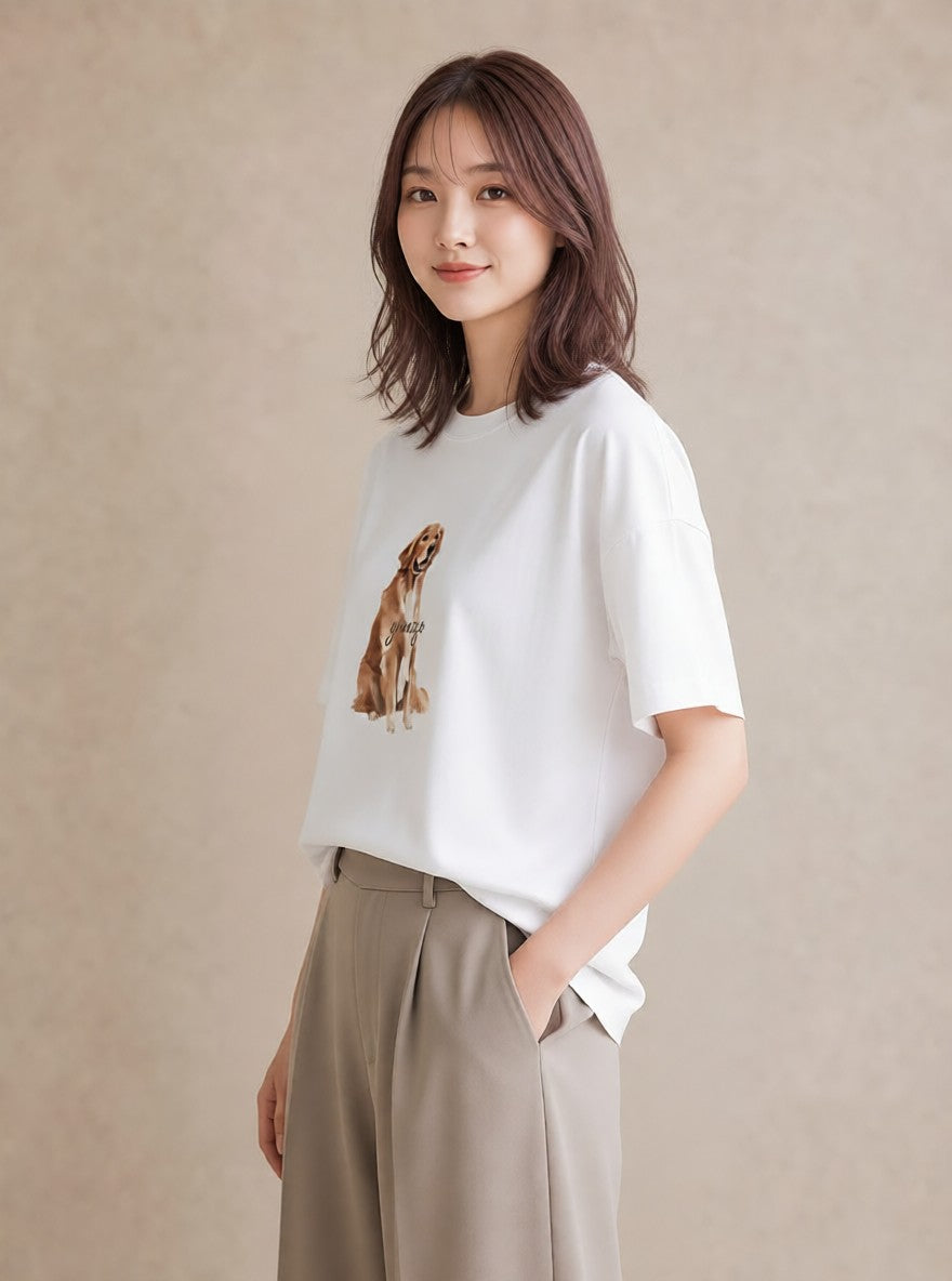 Tシャツ レディース ゴールデンレトリバー ゴールデン 犬 いぬ イラスト 淡色 カジュアルコーデ 買い物 白T YMAZO