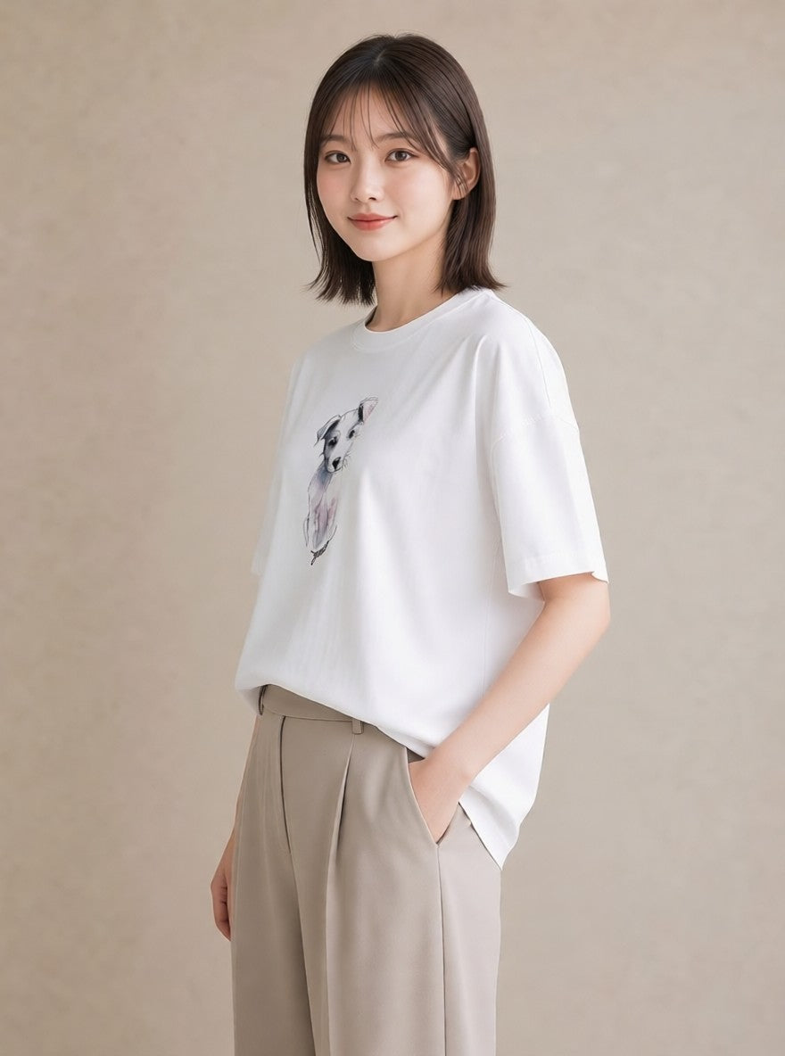 Tシャツ レディース いぬ 犬 ワンコ イラスト 韓国風 海 カフェ巡り 白T YMAZO