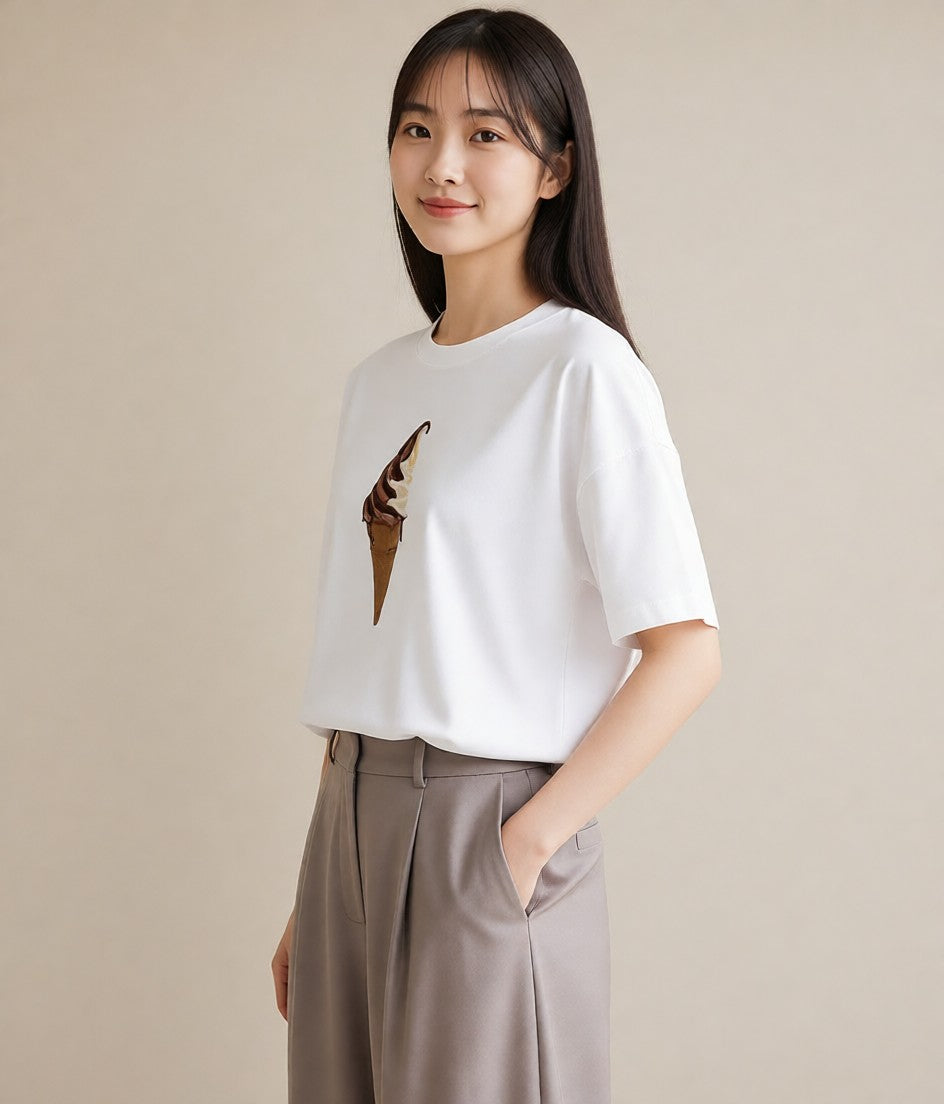 Tシャツ レディース アイス 食べ物 フード イラスト 韓国風 カジュアルコーデ 買い物 白T YMAZO
