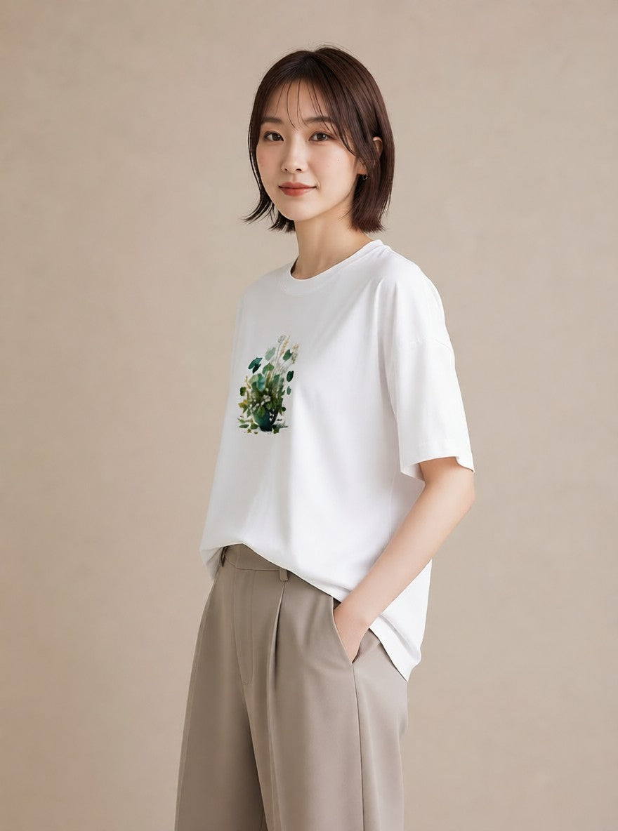半袖Tシャツ レディース ハーブ 植物 ボタニカル イラスト ゆるコーデ レイヤード 友達ギフト 白T YMAZO
