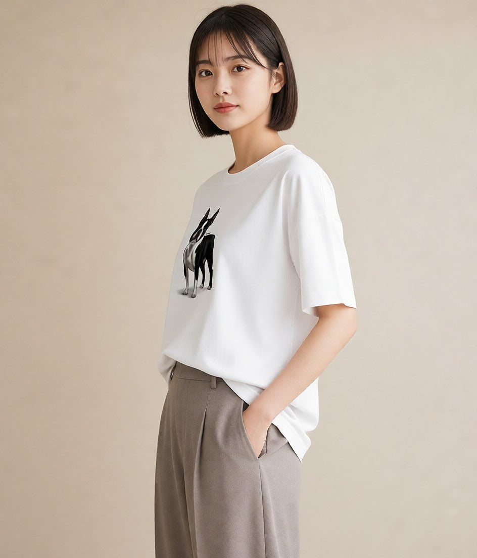 半袖Tシャツ レディース ボストンテリア 犬 いぬ イラスト フェミニン デート 帰省 白T YMAZO