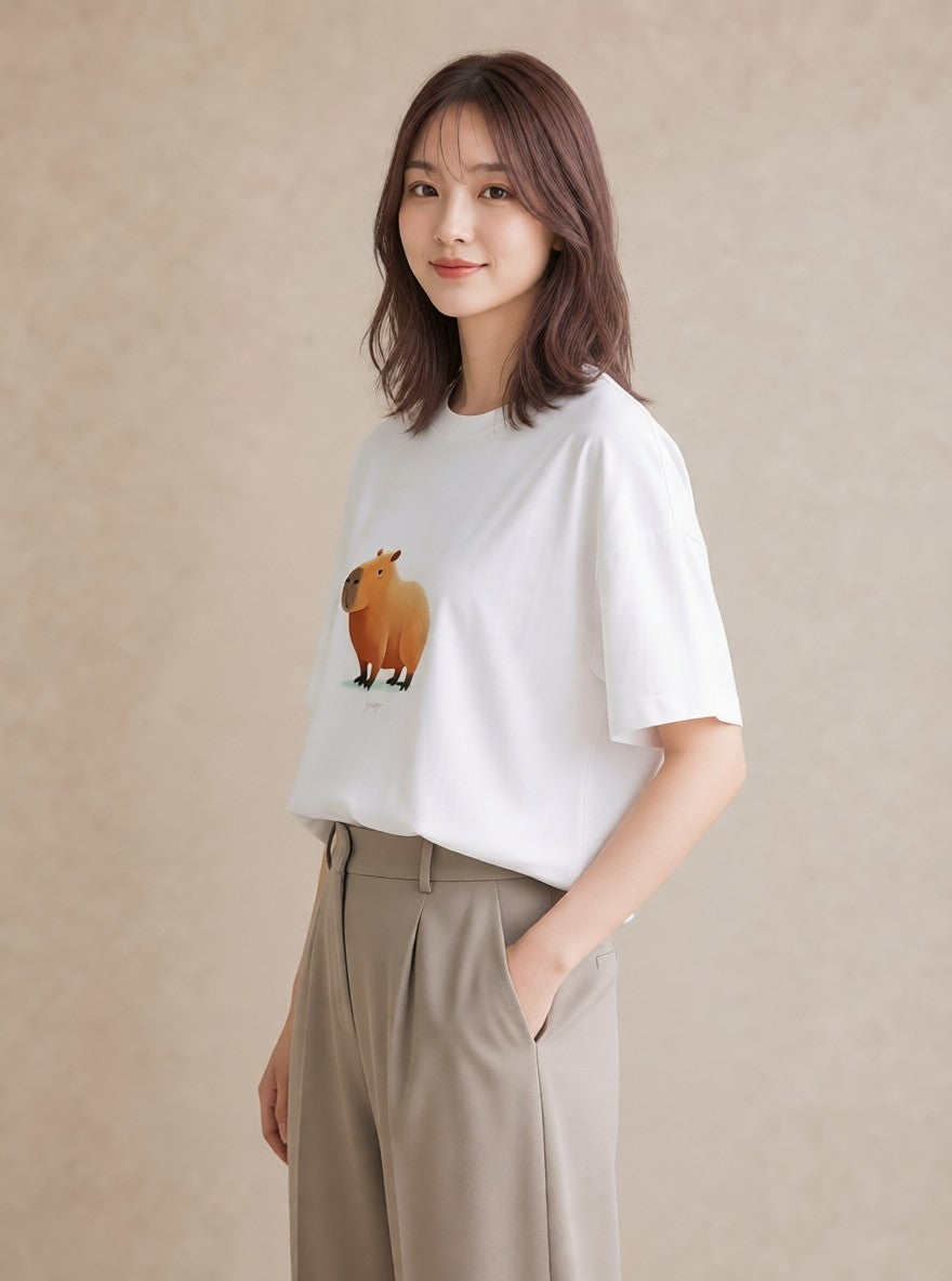 Tシャツ レディース カピバラ かぴばら 動物 アニマル イラスト 個性的 友達ギフト 部屋着 白T YMAZO