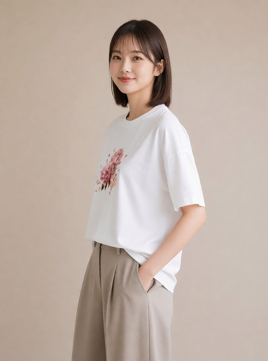 グラフィックTシャツ レディース 椿 花 花柄 イラスト 休日コーデ 送別ギフト 通勤 白T YMAZO