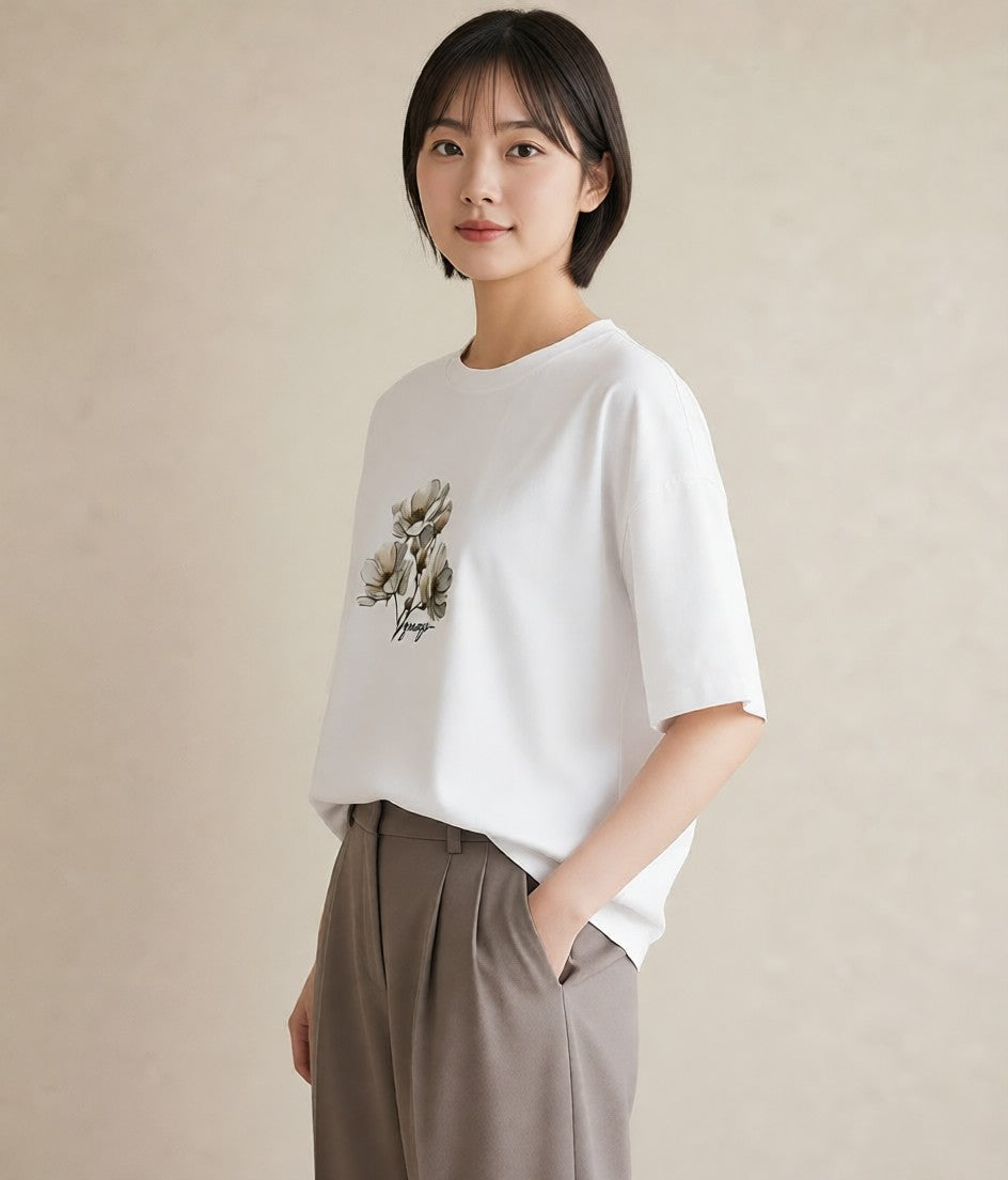 グラフィックTシャツ レディース 椿 花 花柄 イラスト ニュアンス ラフ レイヤード 白T YMAZO
