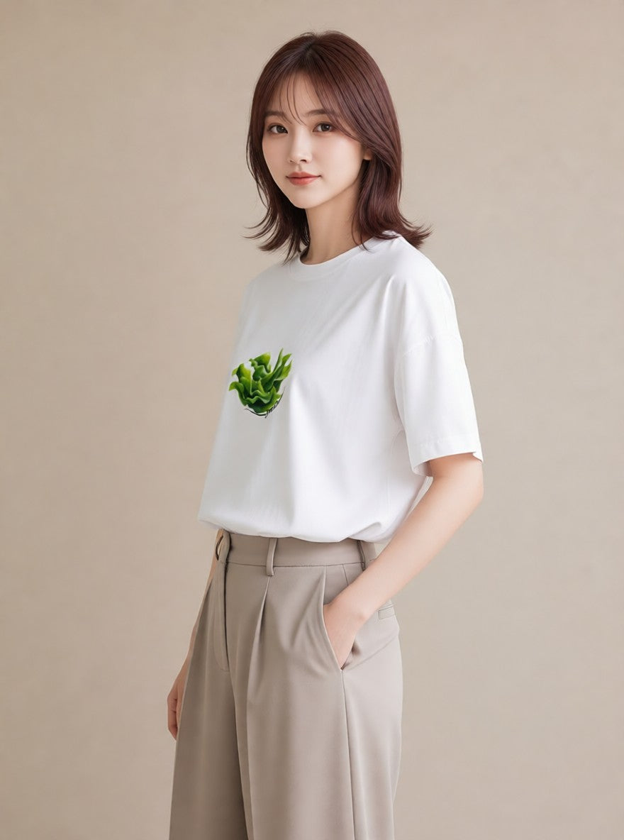 Tシャツ レディース 新緑 植物 ボタニカル イラスト 線画 カジュアルコーデ 買い物 白T YMAZO
