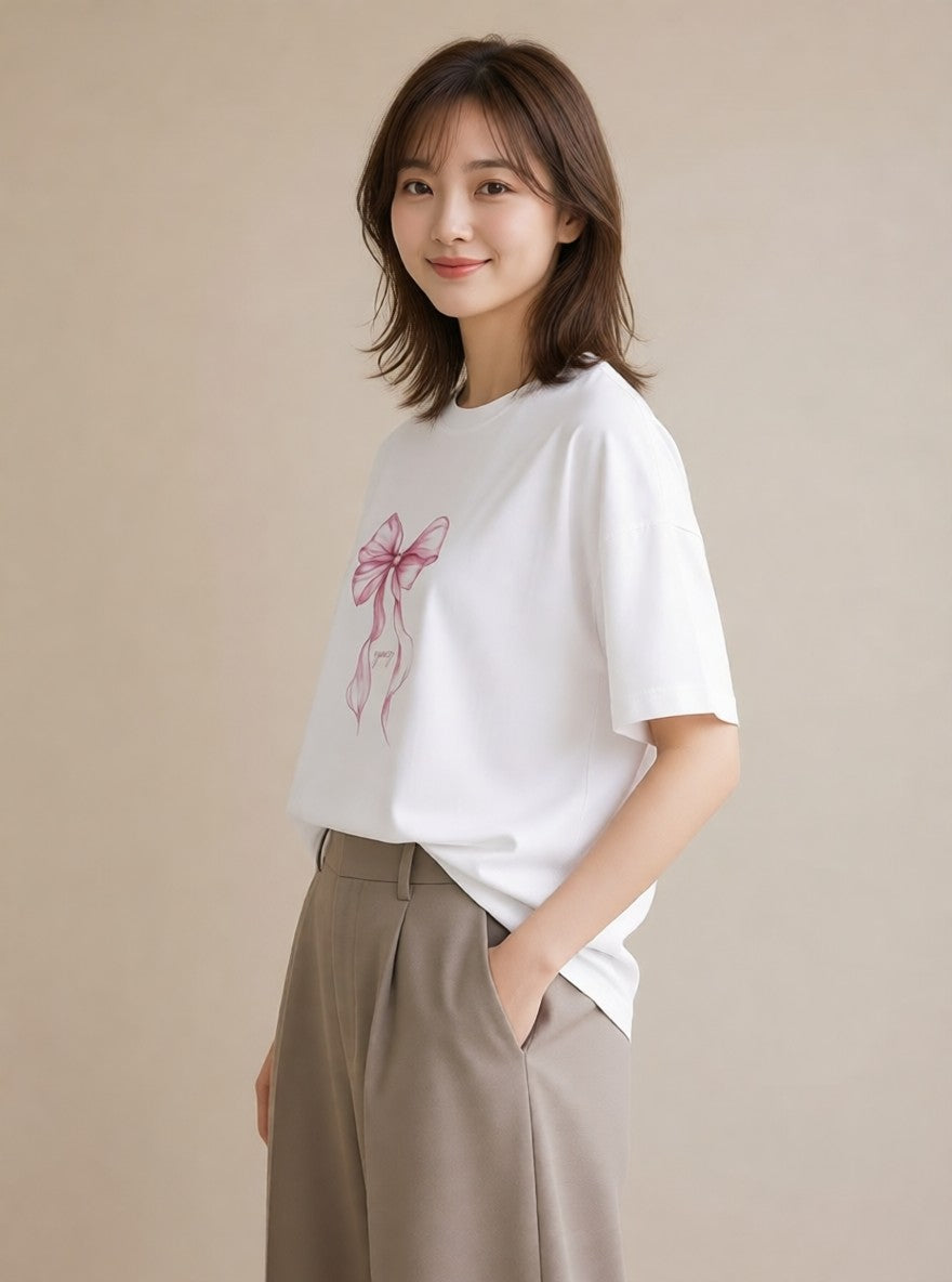 半袖Tシャツ レディース リボン 蝶結び ナチュラル アンティーク イラスト 普段使い 在宅 公園 白T YMAZO