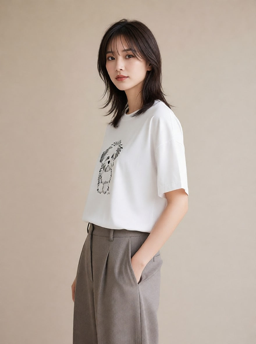 プリントTシャツ レディース ビションフリーゼ 犬 いぬ イラスト 休日コーデ 親子 20代 白T YMAZO