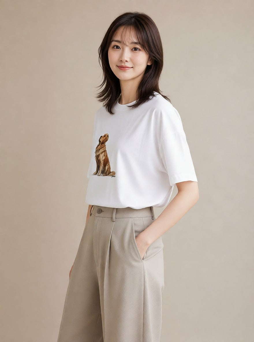 グラフィックTシャツ レディース ゴールデンレトリバー ゴールデン 犬 いぬ イラスト 北欧風 散歩 お出かけ 白T YMAZO