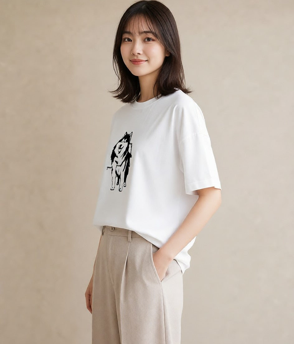 Tシャツ レディース シベリアンハスキー 犬 いぬ イラスト 帰省 ラフ 白T YMAZO