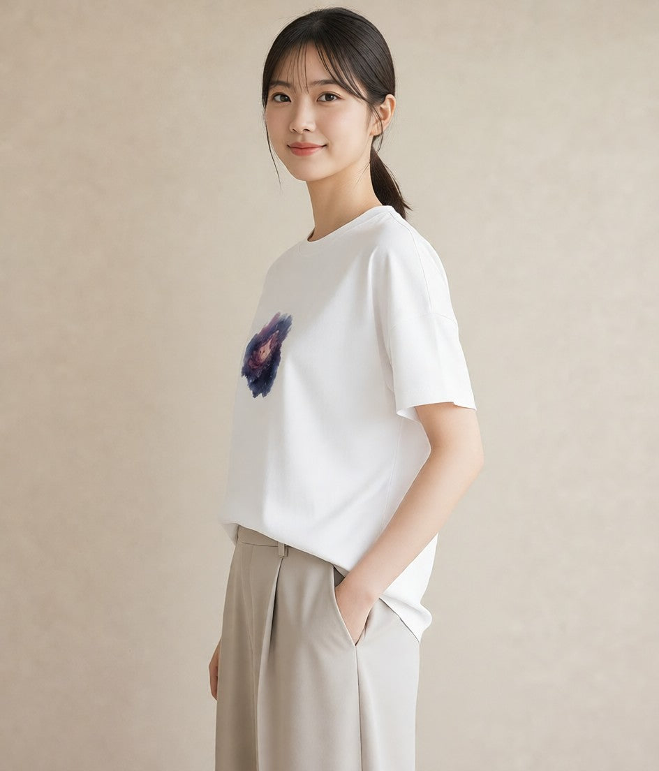 プリントTシャツ レディース 宇宙 星空 イラスト きれいめカジュアル カフェ巡り 女子会 白T YMAZO